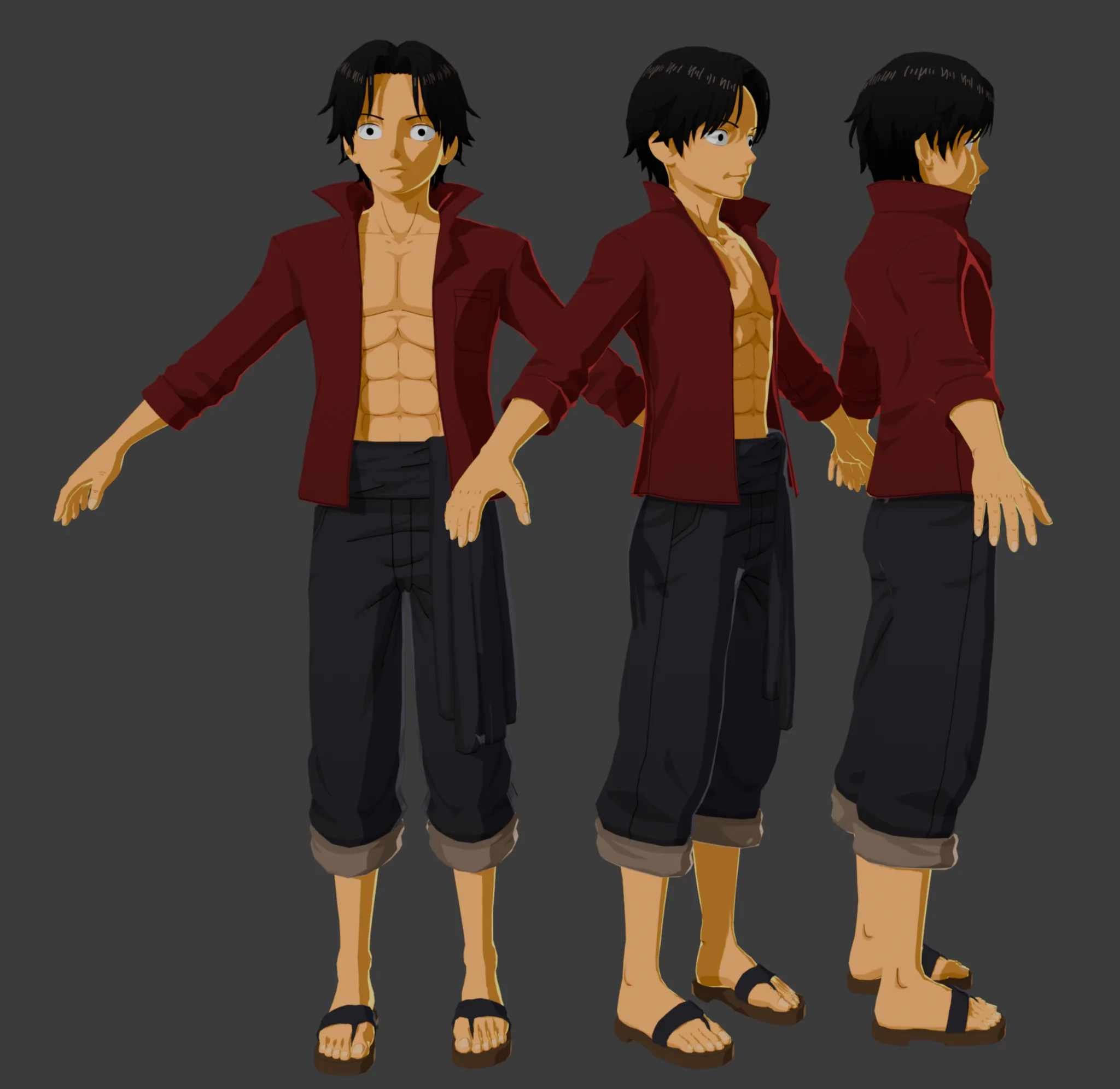 Stylized anime-inspired 3D character model shown from several angles