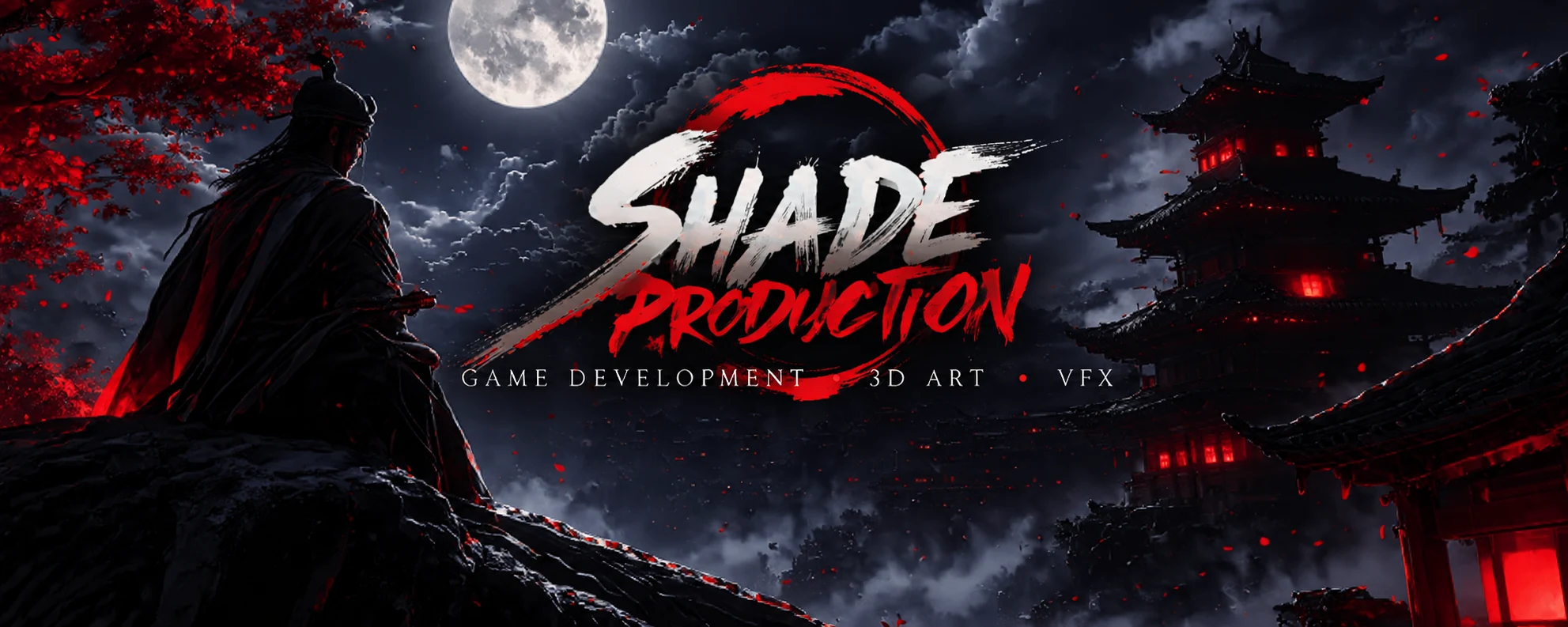 Shade Production — cinematic red and black samurai-inspired studio artwork