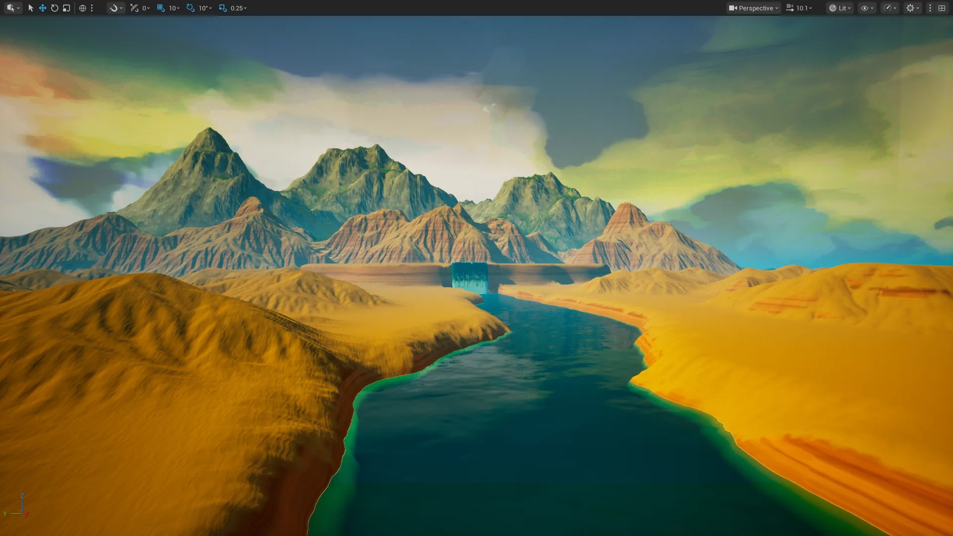 Desert mountain landscape and winding river in Unreal Engine